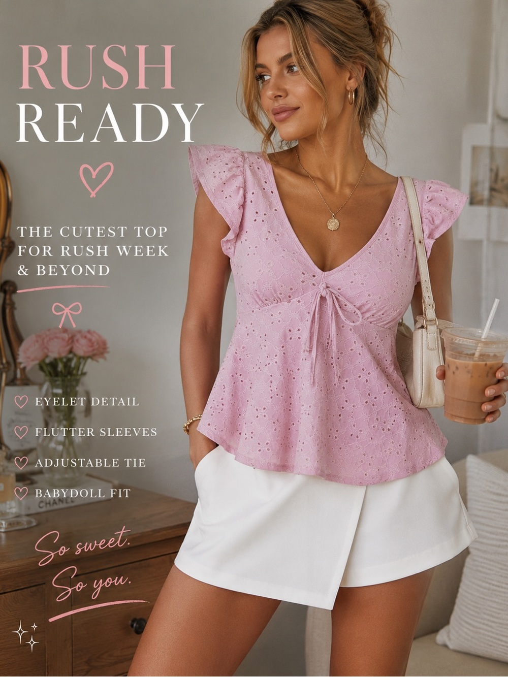 Coquette Pink Eyelet Babydoll Top | Flutter Sleeve Bow Tie Cottagecore